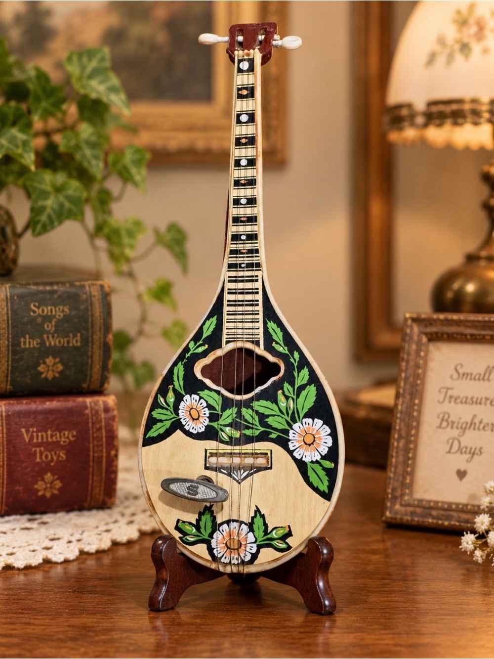 Vintage Wind Up Mandolin Toy Hand Painted Floral Music Box Boho Decor~ working!